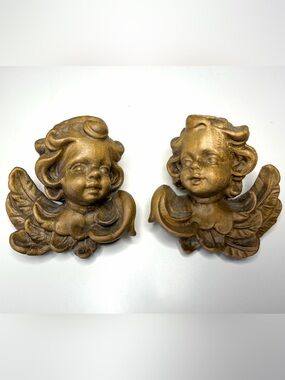 Vintage European Hand Carved Wooden Cherubs Baroque wall hanging pair